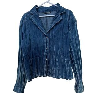 Tania Nardi Button Up Top Sz 2X Blue Denim Crinkle Long Sleeve Grunge